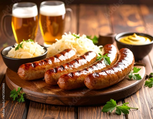 Grilled sausages on wooden board with beer and sauerkraut