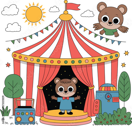 Cute cartoon bear performs under a colorful circus tent isolated on transparent background