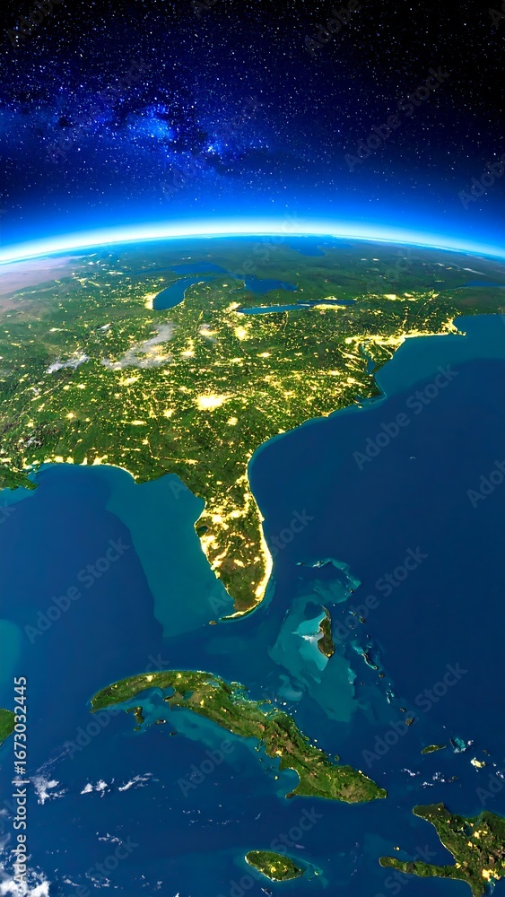 Fototapeta premium Nighttime satellite view of southeastern US and Caribbean, showing city lights and coastlines