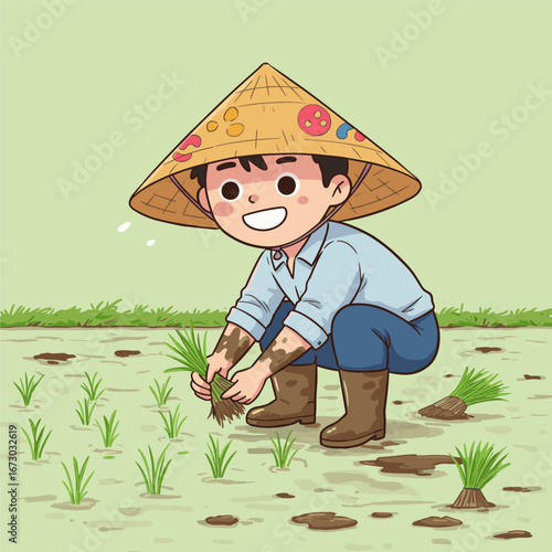 Cartoon farmer in patterned conical hat squats in a muddy paddy field, planting rice seedlings under a soft green sky.