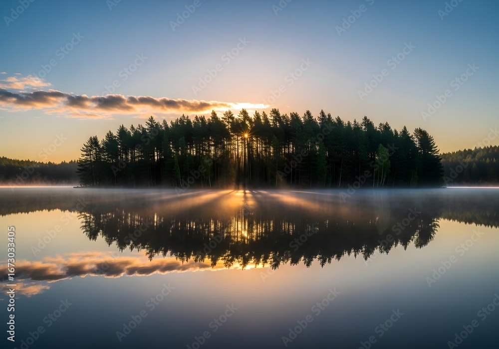 Obraz premium Serene Lake Reflection at Sunrise with Sunbeams Through Trees