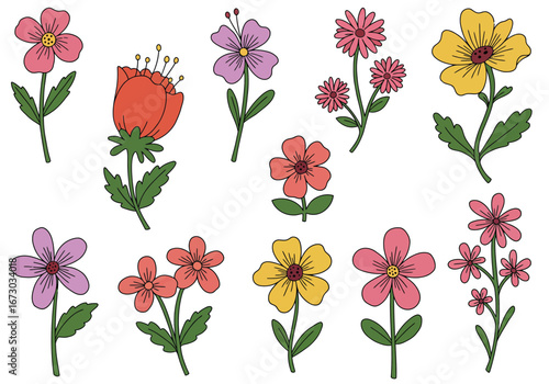 Pretty floral arrangements for spring designs, cute flowers in pink, purple, yellow and red for a fresh look. Set of decorative floral doodles elements. Flat cartoon vector illustration.
