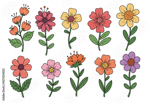 Vibrant floral collection bringing spring vibes, perfect for design, cards and inviting nature's beauty. Set of decorative floral doodles elements. Flat cartoon vector illustration.