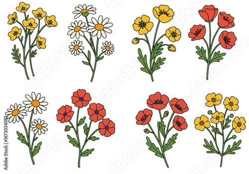 Vibrant bouquets of daisies, buttercups, and poppies bring natural beauty to any design project. Set of decorative floral doodles elements. Flat cartoon vector illustration.