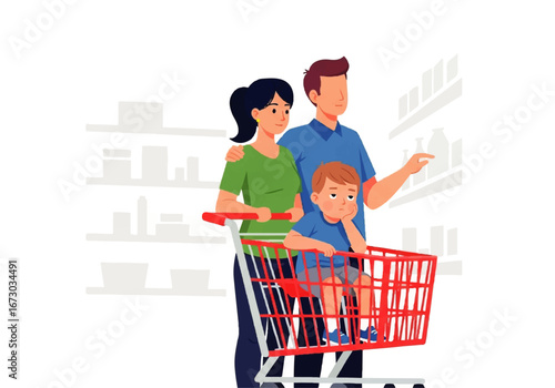Family with a child in a grocery cart, suitable for food shopping, family bonding, everyday errands, retail, supermarket, and consumerism concepts.