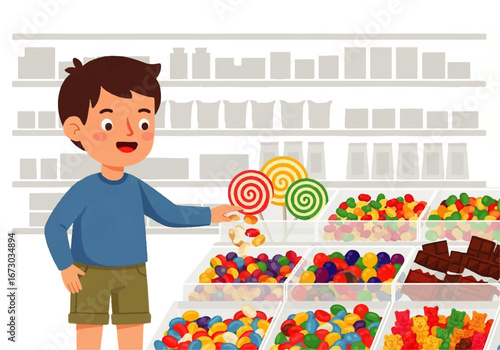 Boy picks lollipop from candy store, face beaming with joy. Perfect for advertising, childrens products, lifestyle blogs, and social media.