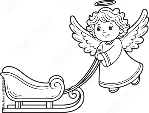 Cute angel pulling a sleigh isolated on transparent background