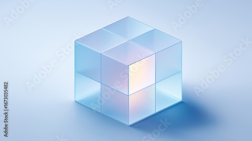 Minimalist 2x2 glass cube with glowing center, showcasing modern design, transparency, and light interplay. Ideal for tech, innovation, or architectural branding visuals.
