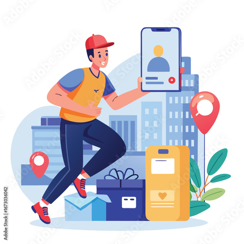Dynamic delivery person with smartphone and parcels in urban setting illustrating logistics and service