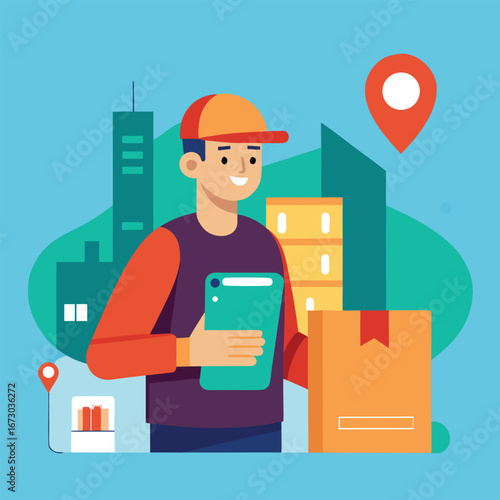Delivery person with tablet and package in urban setting indicating logistics and shipping services