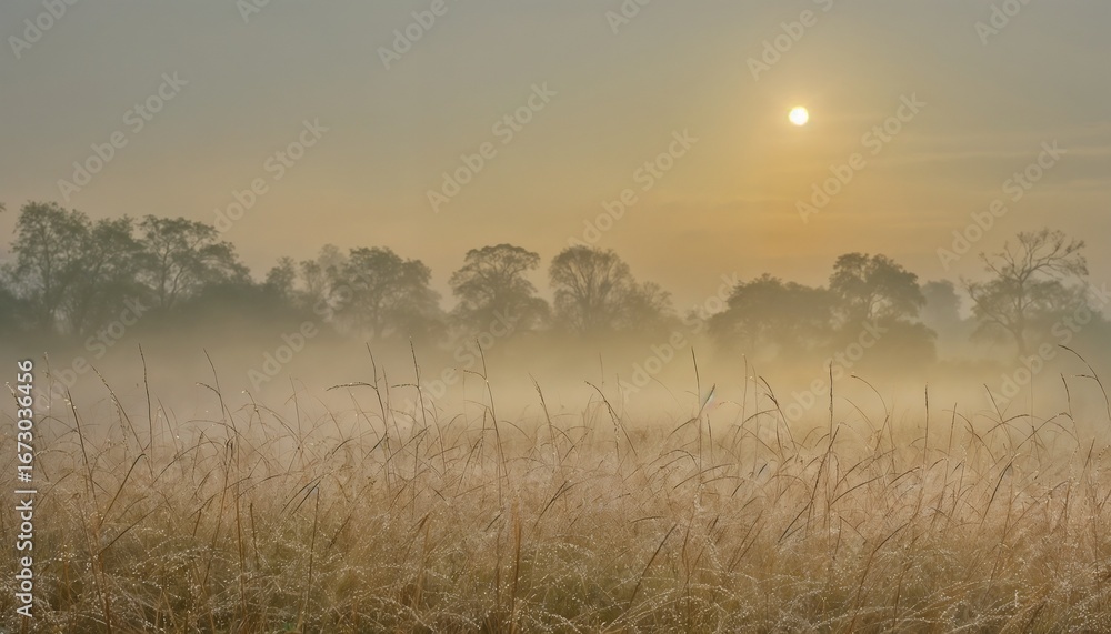 Fototapeta premium Tranquil Morning Landscape With Dewy Grasses And Fog