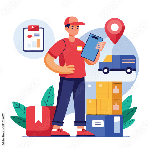 Delivery person with tablet and packages symbolizing logistics shipping and efficient package tracking services