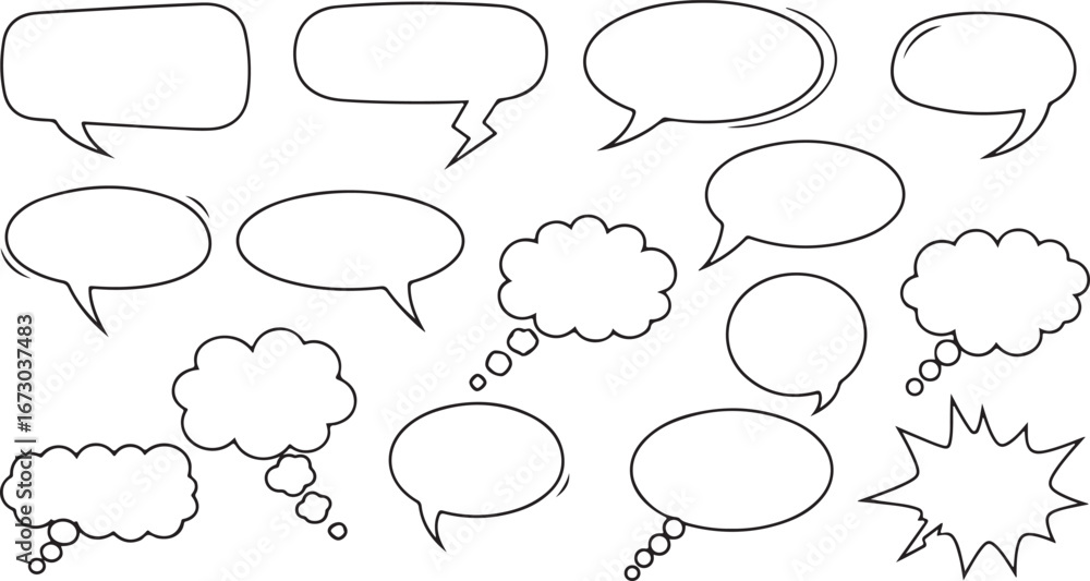 Fototapeta premium Collection of hand drawn speech bubbles and thought clouds for communication