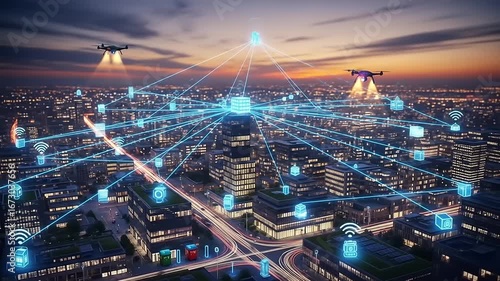 Wallpaper Mural Aerial view of a futuristic city at sunset with drones and data connections illuminating the skyline Torontodigital.ca