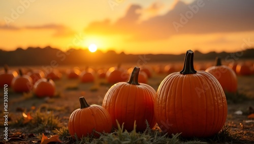 Golden hour pumpkin patch field at sunset