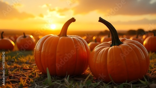 Two pumpkins in a field at sunset