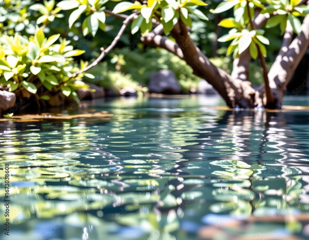 Fototapeta premium Serene Forest Pond with Rippling Water and Green Canopy