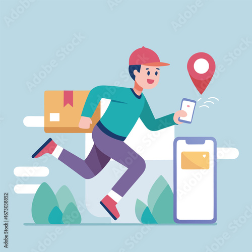 Dynamic illustration of a delivery person running with a package and using a smartphone for navigation and tracking