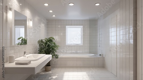 Ai generated image of bright and modern bathroom interior with white tiles, minimalist design, and natural light creating a clean and luxurious space