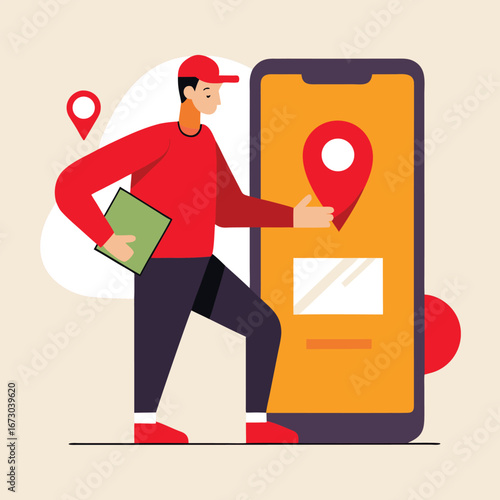 Delivery person with a package and a smartphone displaying a map with a location pin for logistics and tracking services
