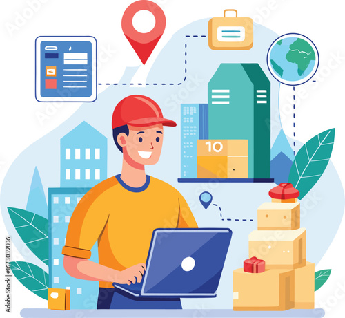 Delivery person managing logistics and tracking packages on a laptop with city buildings and map icons in the background