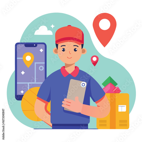 Delivery person with smartphone and package illustrating modern logistics and efficient package tracking services