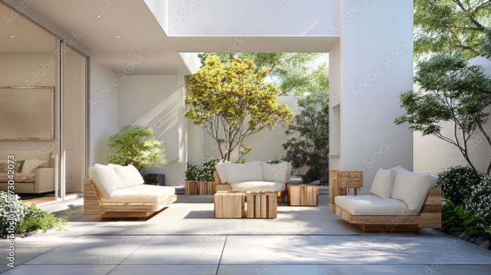 Naklejka premium Ai generated image of a serene courtyard featuring modern wooden furniture, lush greenery, and tranquil atmosphere for relaxation and outdoor living
