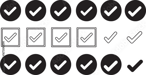 Collection of check mark icons and symbols for approval and completion