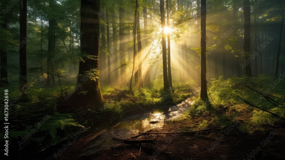 Fototapeta premium Sunlight streams through the trees in a dense forest, creating a serene and enchanting atmosphere scene