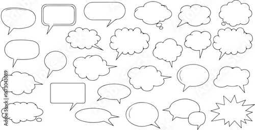 Collection of hand drawn speech bubbles and thought bubbles outline style