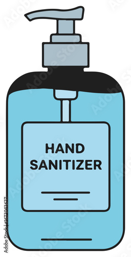 A pump bottle of light blue hand sanitizer, clearly labeled.
