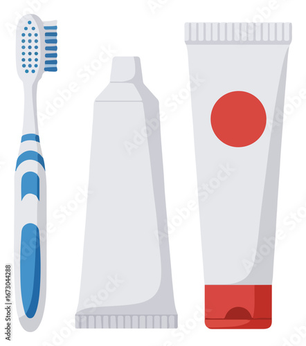 A toothbrush and two tubes of toothpaste, one plain and one with a red label, are shown against a white background.