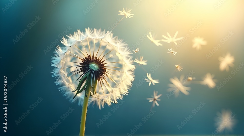 Obraz premium Wish upon a dandelion with seeds floating away in dreamy light, perfect for spring promotions