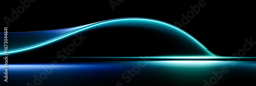 Abstract glowing wave on dark background, featuring luminous blue and cyan curves with reflective surface. Ideal for tech, digital, and futuristic design themes.