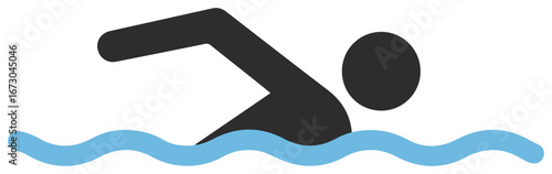 A stylized depiction of a swimmer in blue water, performing the freestyle stroke.