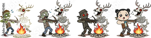 Cartoon zombie and skeleton deer fighting with fire, funny scary character illustration, horror fantasy battle scene, Halloween undead monster artwork