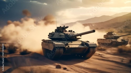 Dramatic footage of armored tanks maneuvering through a desert landscape in wartime simulation