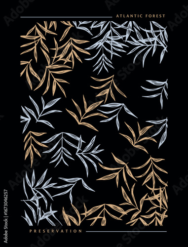 Illustration of foliage and text alluding to the preservation of the Atlantic Forest.