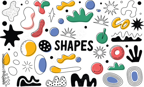 Various colorful abstract shapes and forms on a white background