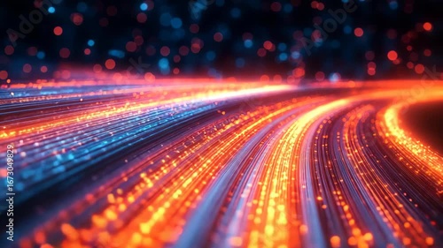 Colorful fiber optic lines glowing with orange and blue light, fast internet, high speed communication, technology infrastructure, data transfer, networking, digital future and modern connectivity.