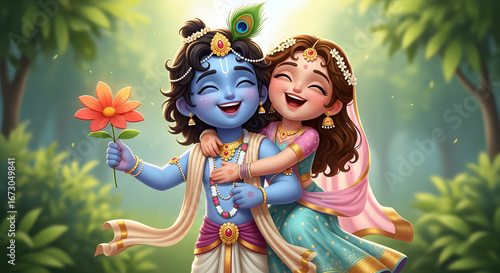 Joyful Krishna and Radha embrace with flower in lush garden setting