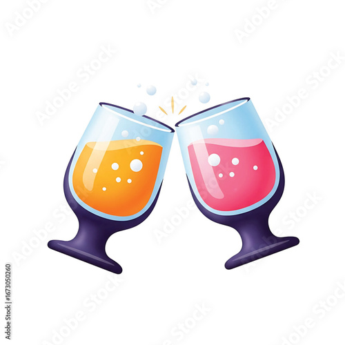 Two glasses clinking, filled with bubbly orange and pink drinks, celebration toast.