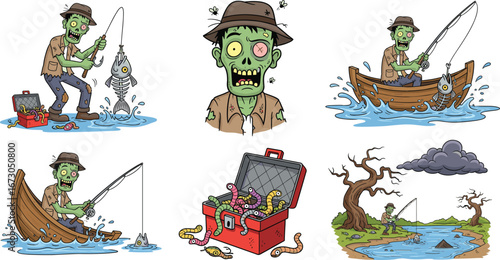 Cartoon zombie fisherman character set with fishing boat, worms bait, skeleton fish, horror humor illustration, undead monster artwork, Halloween comic design