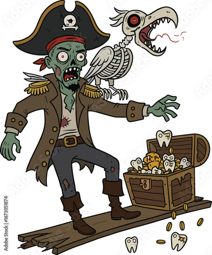 Cartoon zombie pirate with skeleton parrot, treasure chest of gold and teeth, horror fantasy character, undead sailor illustration, Halloween concept art