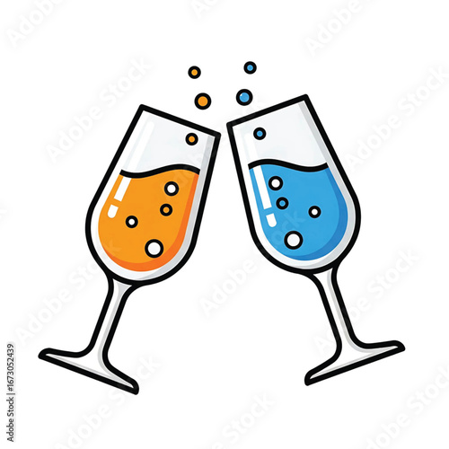 Two cartoon champagne flutes with orange and blue drinks clinking in a celebratory toast.