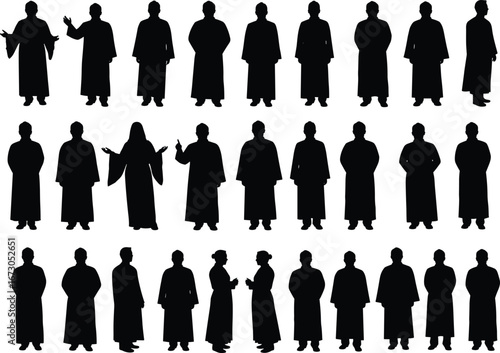 Silhouettes of men and women wearing robes, standing and interacting, various poses, black shadow figures, isolated on white background.