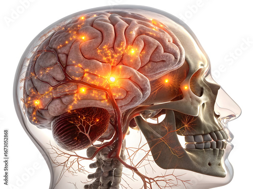 Detailed anatomical illustration of human brain and skull with glowing neural pathways anatomy