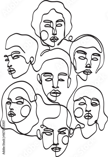 Many faces people different continuous one line art simple illustration