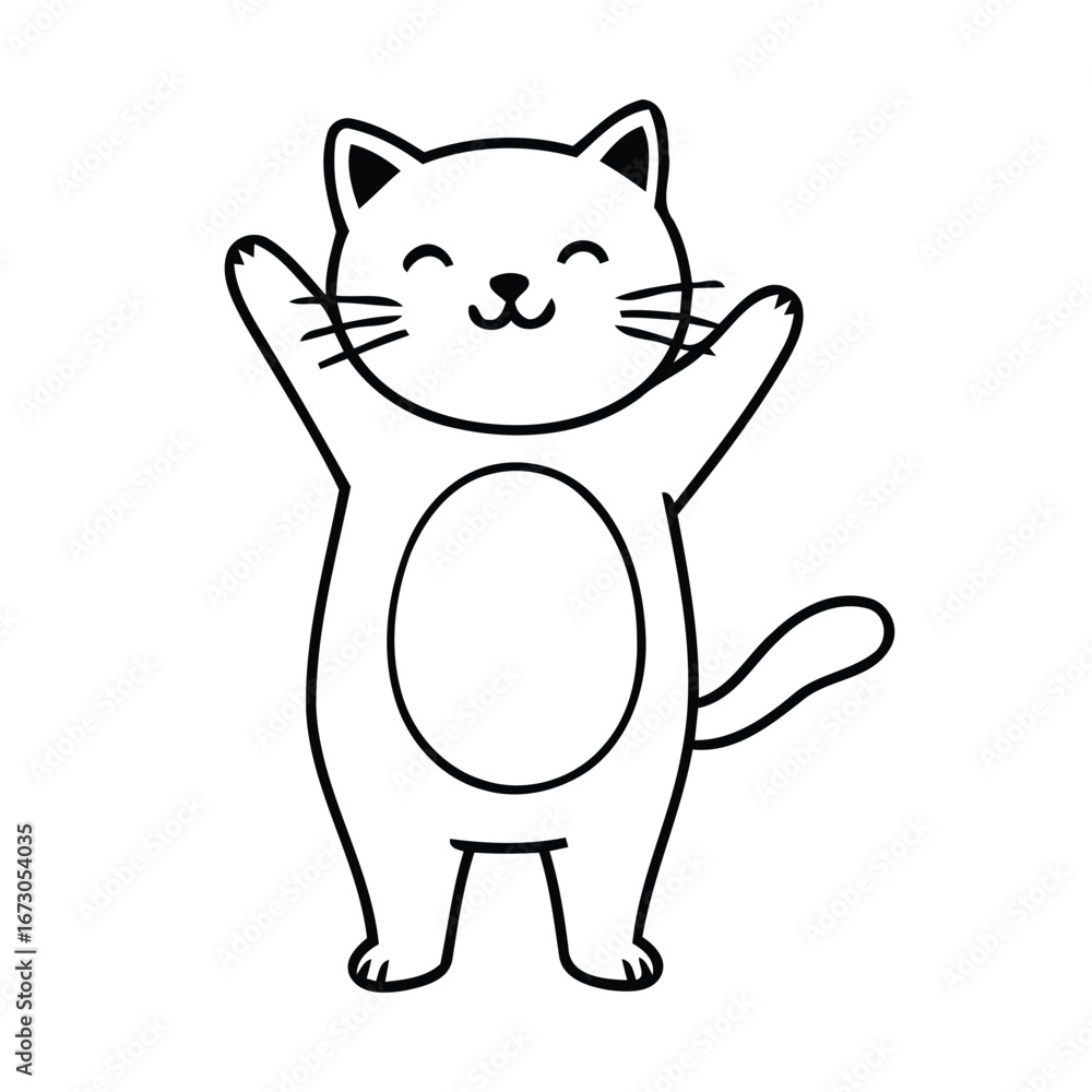 Obraz premium Cute Happy Cat Standing with Paws Up Black and White Illustration