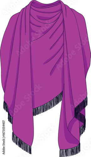 Purple shawl with fringe and draped fabric on a white background wrap scarf